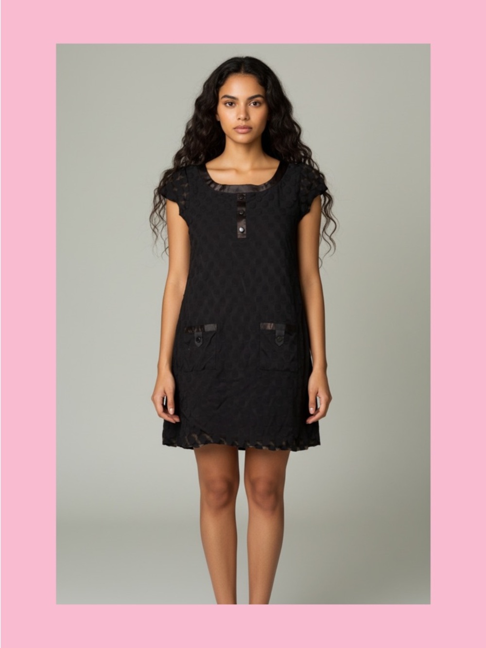 Enfocus Studio elegant Black Short Sleeve Textured Shift Dress with Button Trim